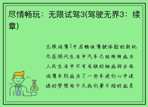 尽情畅玩：无限试驾3(驾驶无界3：续章)